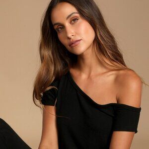 Lulus Relaxing Weekend Black Off-the-shoulder Lounge Jumpsuit - Size XL